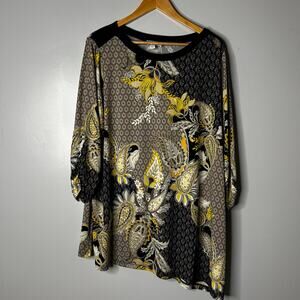 Susan Graver Asymmetrical Hem‎ Paisley Blouse Women's 3X Round Neck 3/4 Sleeve